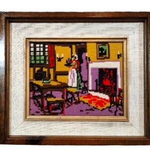 Vintage 1970s Framed Needlepoint — Country Cottage Fireplace